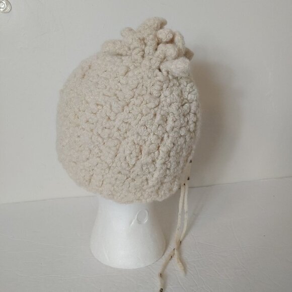 Vintage Hand Knit Hat Crochet Beaded Jeweled Pull String Tie Boho - Picture 6 of 9